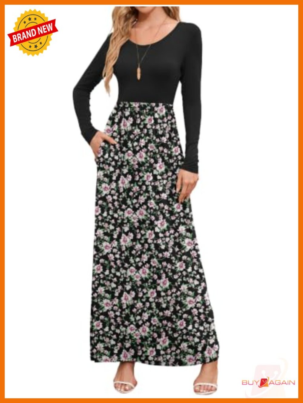 Women's Maxi Dress Long Sleeve Crewneck Empire Waist Floor Length Casual